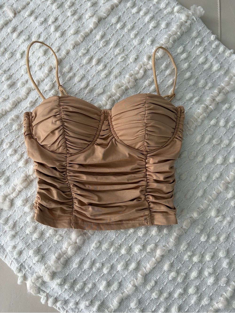 Ruched Bustier Cami in Tan with Adjustable Spaghetti Straps